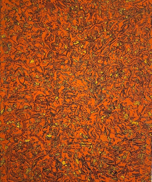 3 colors / 3 structures / orange; Lackstift auf Acryl; 90 x 70 cm