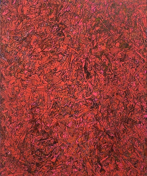 3 colors / 3 structures / red; Lackstift auf Acryl; 90 x 70 cm