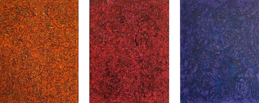 Triptychon 3 colors / 3 structures; Mischtechnik auf Leinwand; ca. 90 x 210 cm